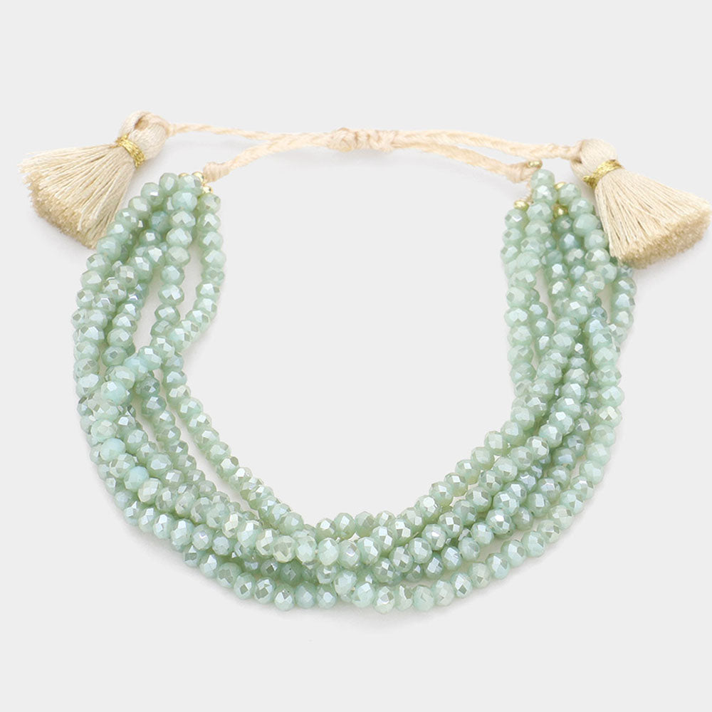 Multi Layered Faceted Beaded Tassel Cinch Bracelet (Mint, Gold)