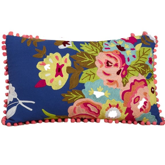 Colorful Embroidered Flower Throw Pillow