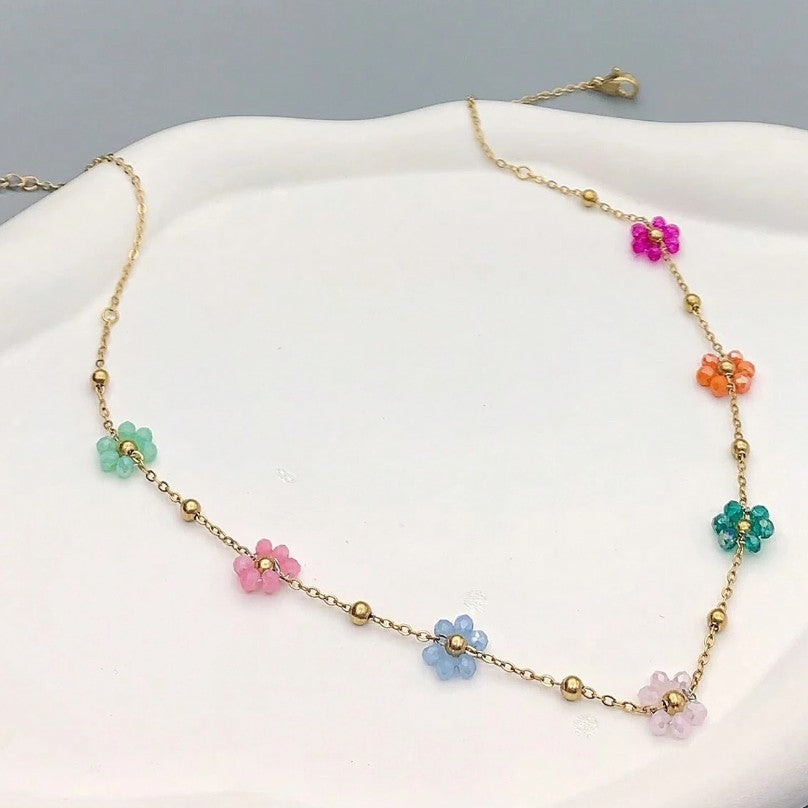 Colorful Beaded Floating Flowers on Gold Chain Necklace
