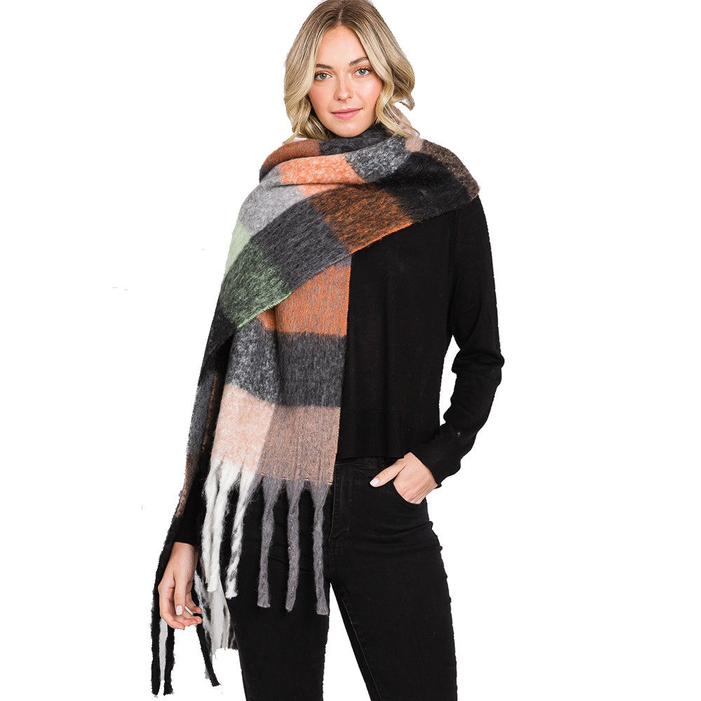 Colorful Plaid Check Fringe Oblong Scarf (Black, Taupe)