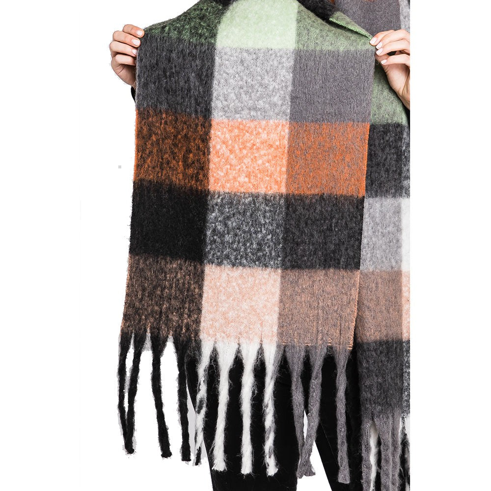 Colorful Plaid Check Fringe Oblong Scarf (Black, Taupe)