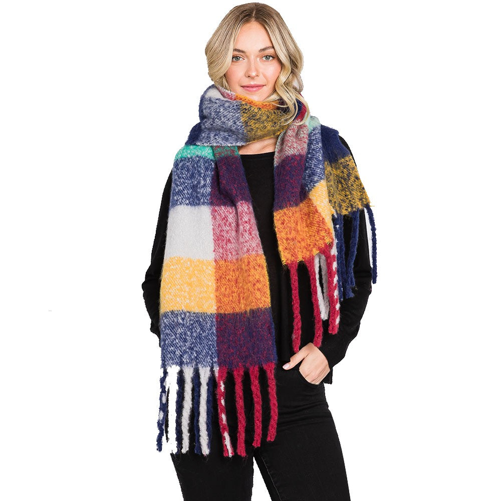Colorful Plaid Check Fringe Oblong Scarfe (Blu, Yellow)