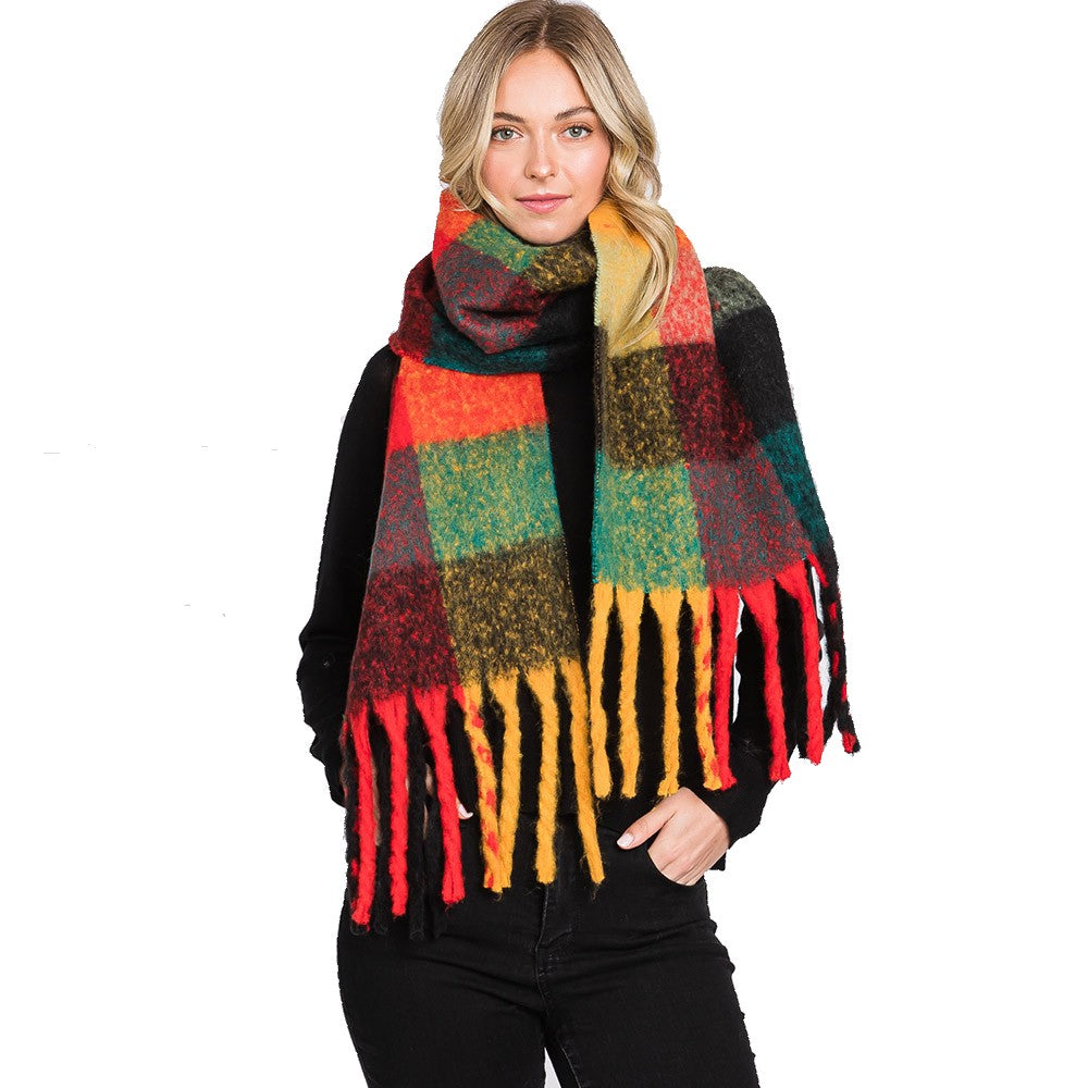 Colorful Plaid Check Fringe Oblong Scarf (Orange, Teal)
