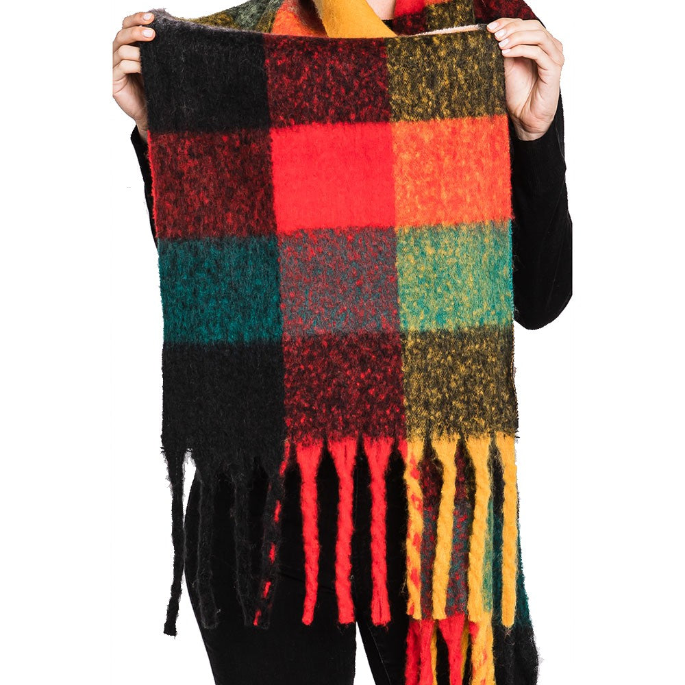 Colorful Plaid Check Fringe Oblong Scarf (Orange, Teal)