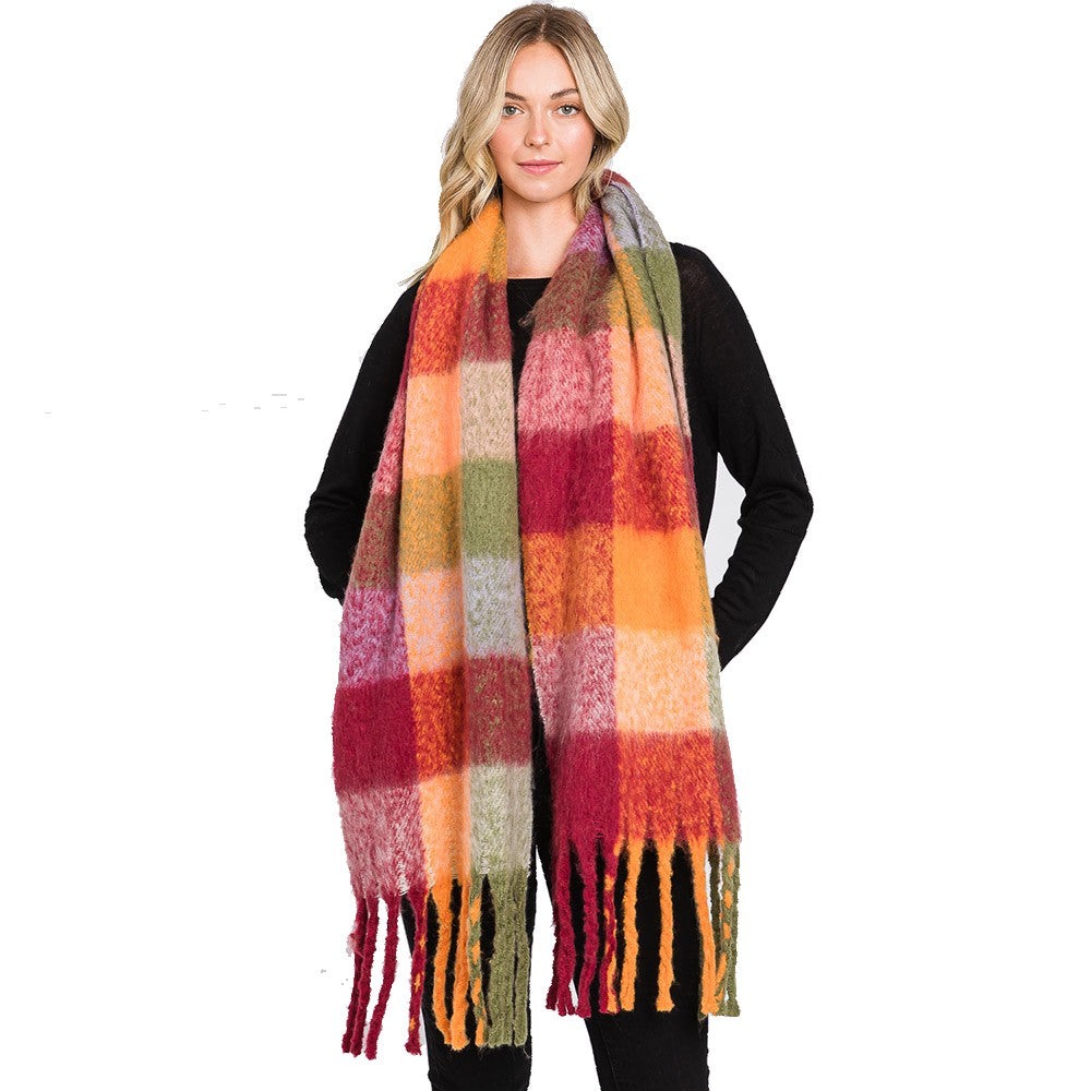 Colorful Plaid Check Fringe Oblong Scarf (Burgundy, Orange)