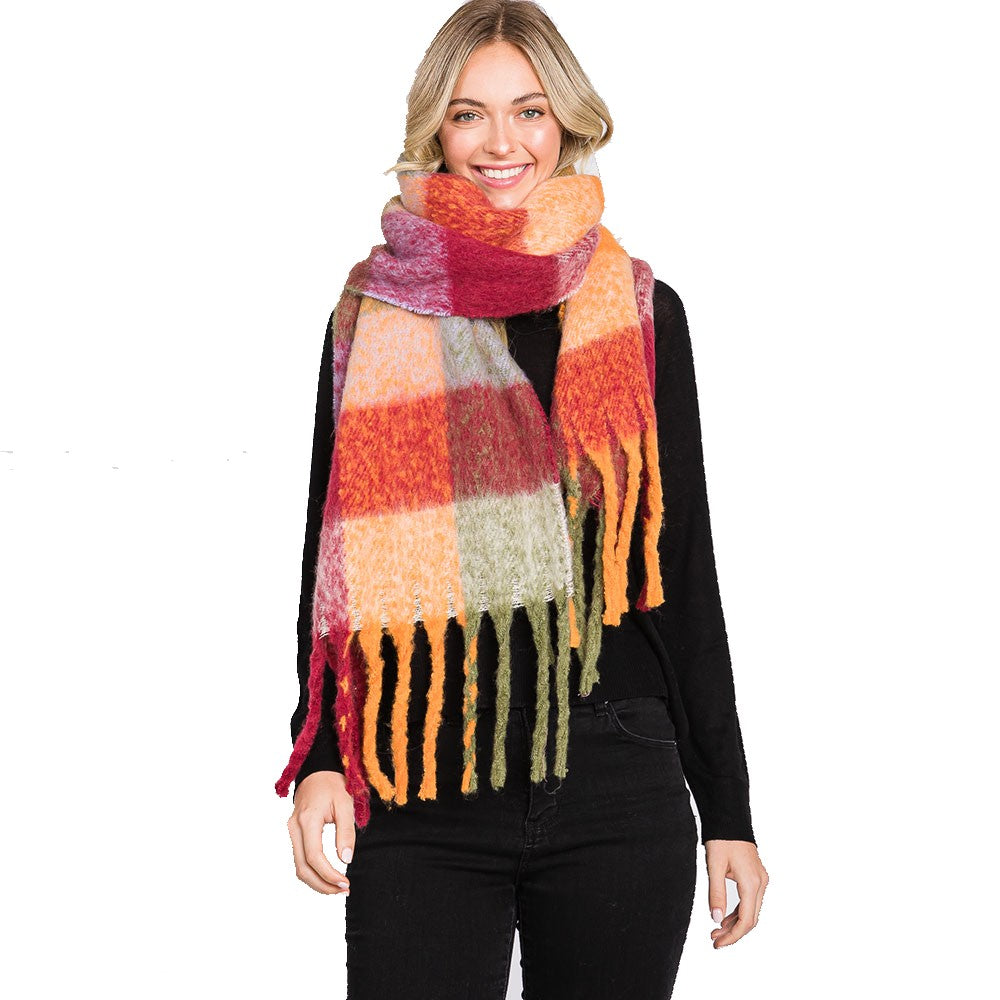 Colorful Plaid Check Fringe Oblong Scarf (Burgundy, Orange)