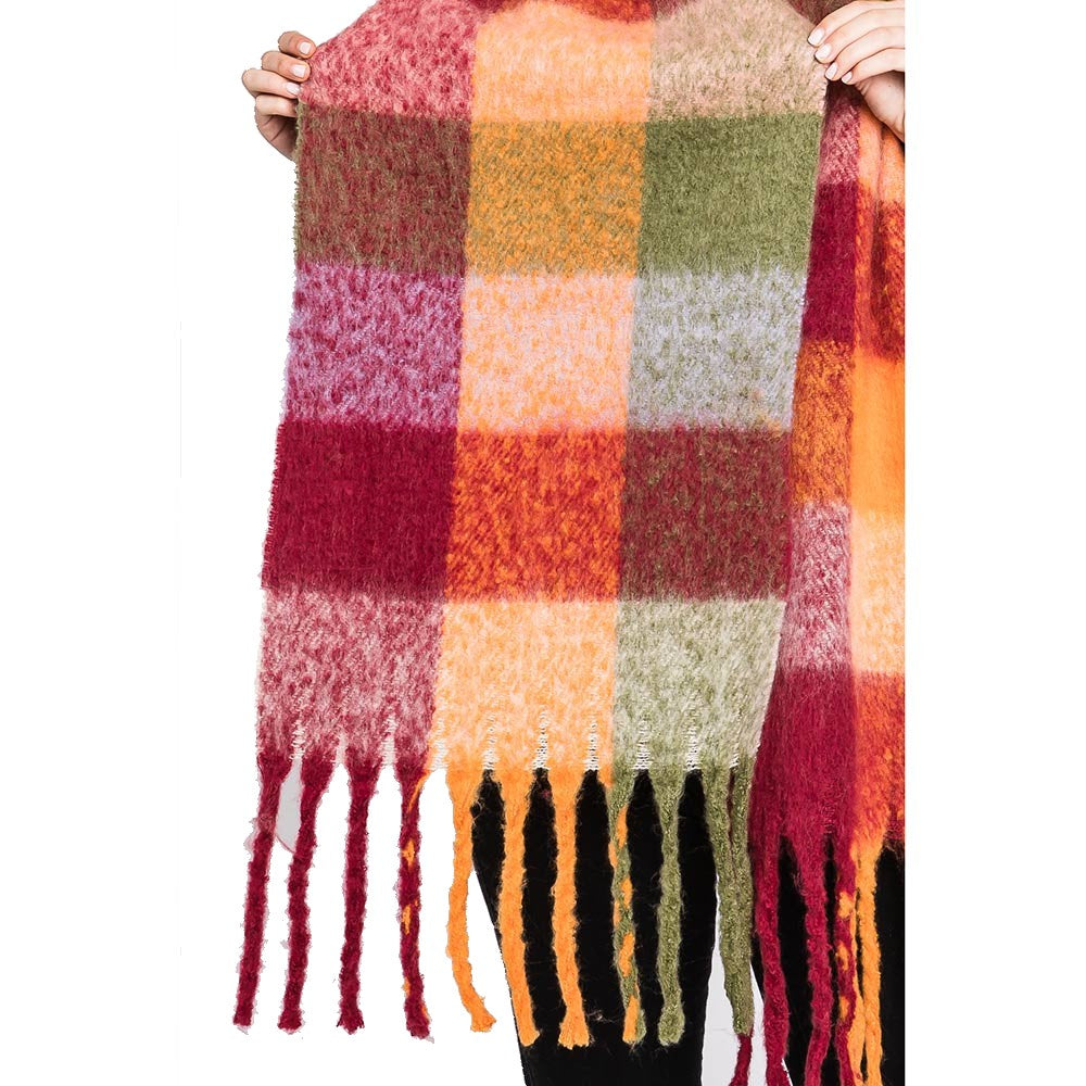 Colorful Plaid Check Fringe Oblong Scarf (Burgundy, Orange)