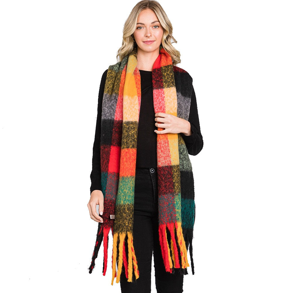 Colorful Plaid Check Fringe Oblong Scarf (Orange, Teal)