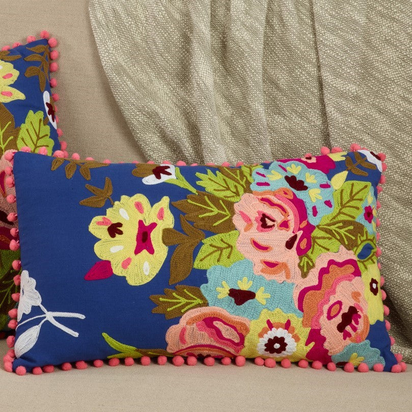 Colorful Embroidered Flower Throw Pillow