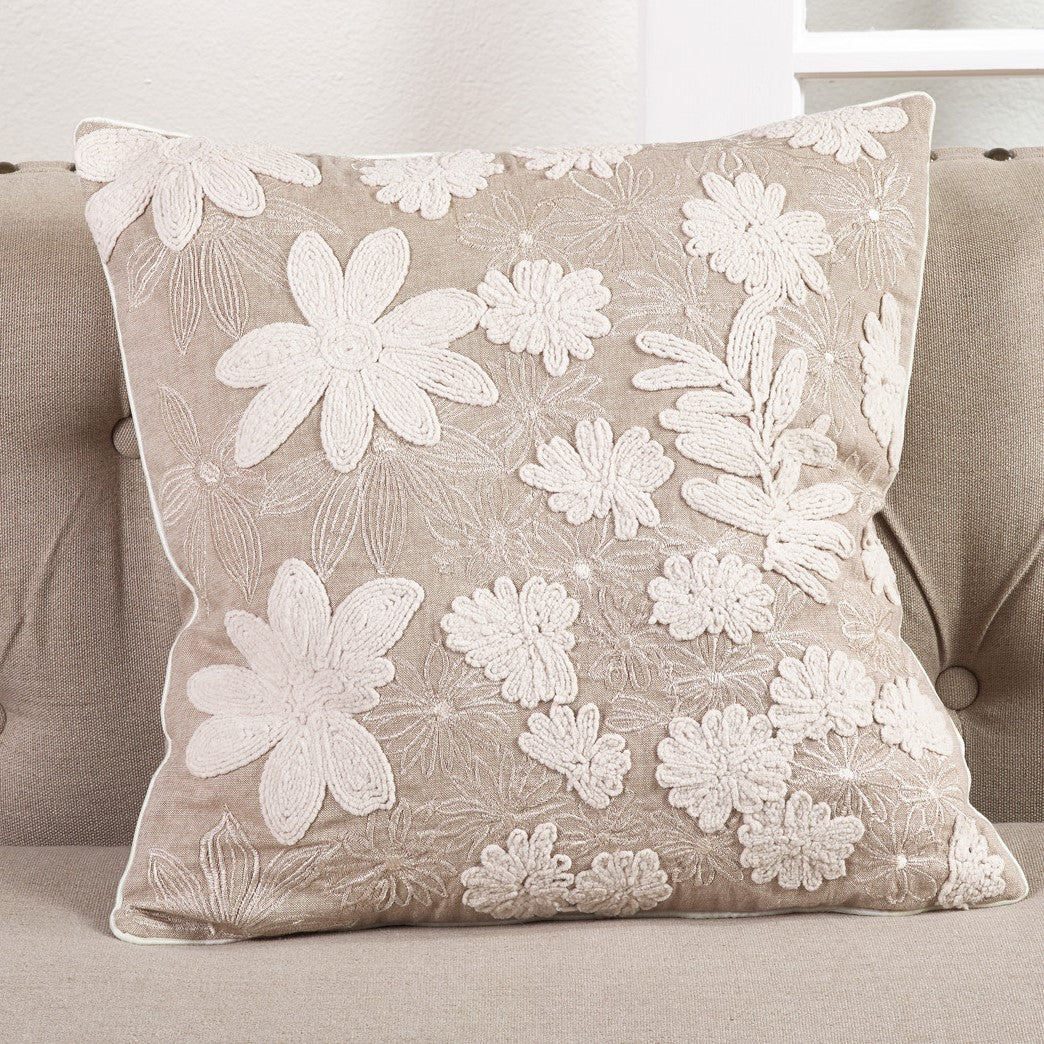 Natural Embroidered Floral Throw Pillow