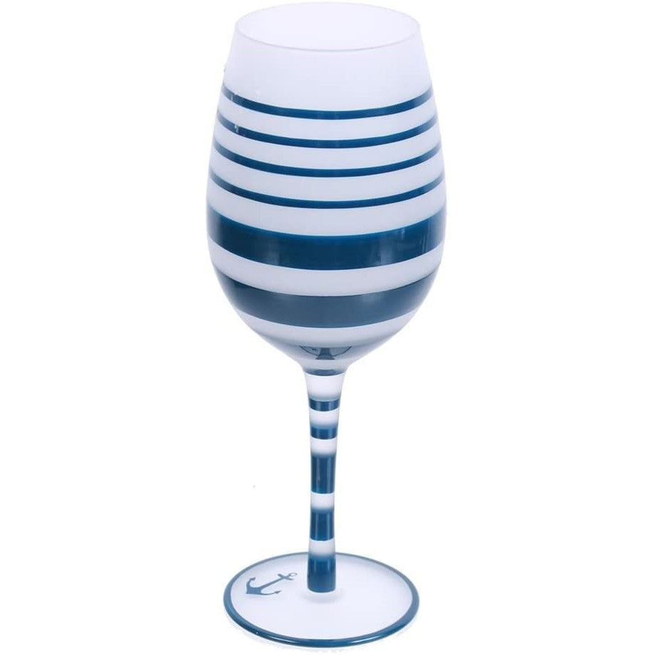 Nautical Anchor Frosted Navy Blue Striped Wine Glass with Anchor