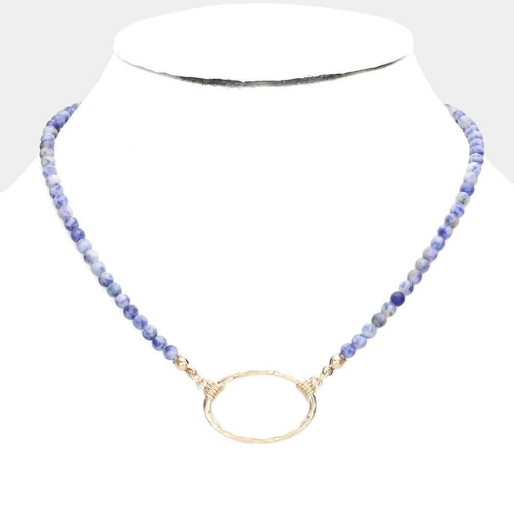 Open Oval Pendant Semi Precious Necklace (Blue)