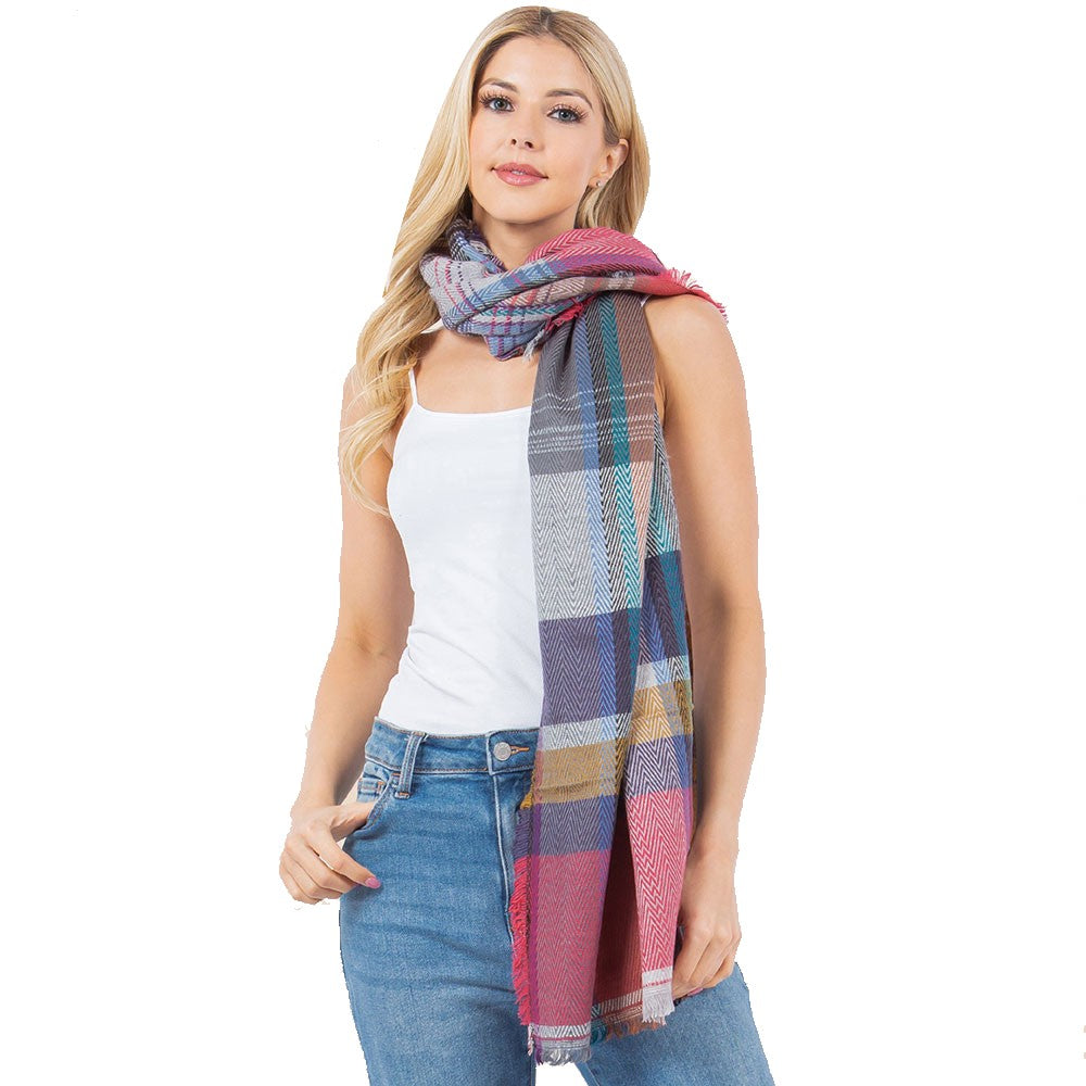 Oversized Frayed Edge Soft Weave Plaid Scarf (Pink)
