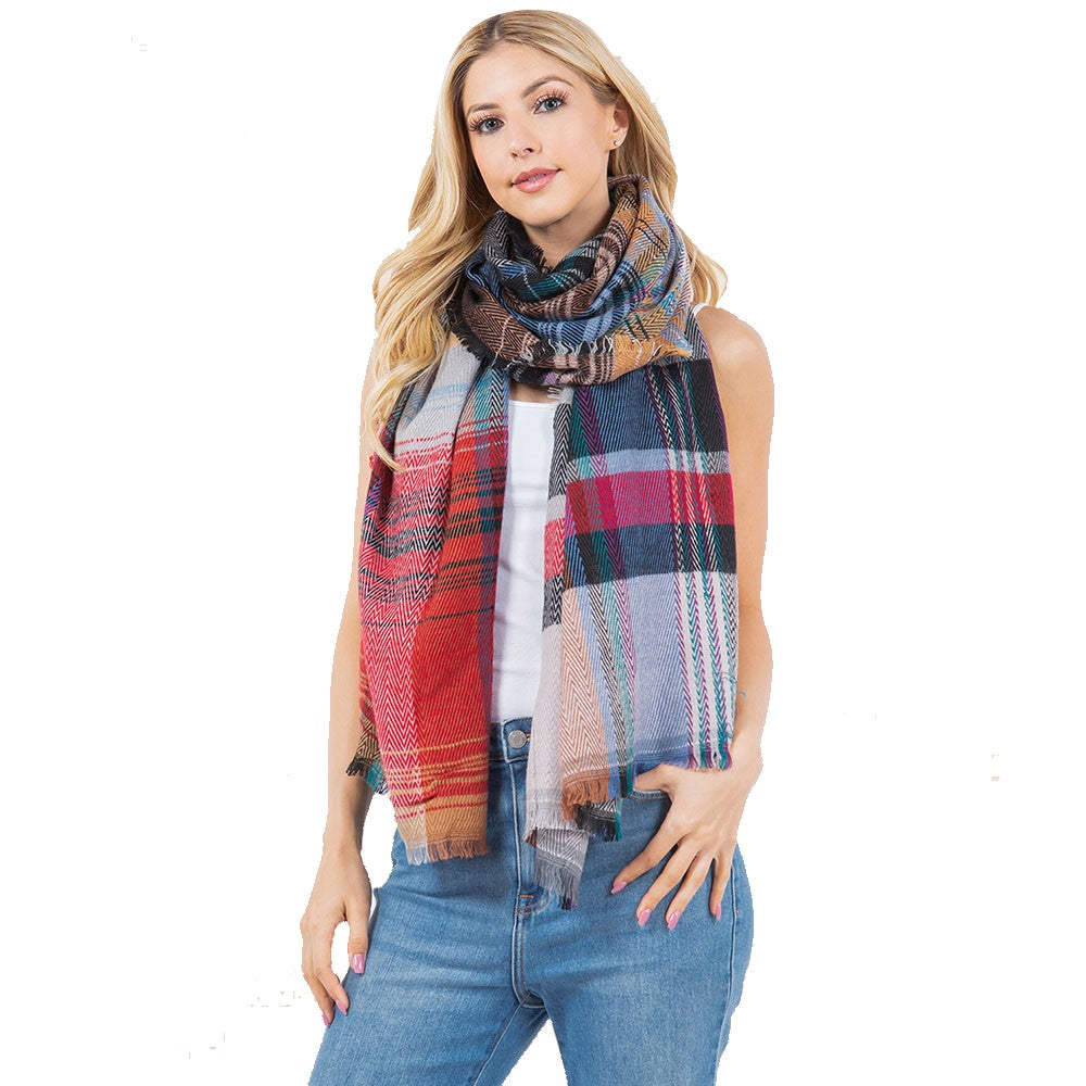 Oversized Frayed Edge Soft Weave Plaid Scarf (Red)