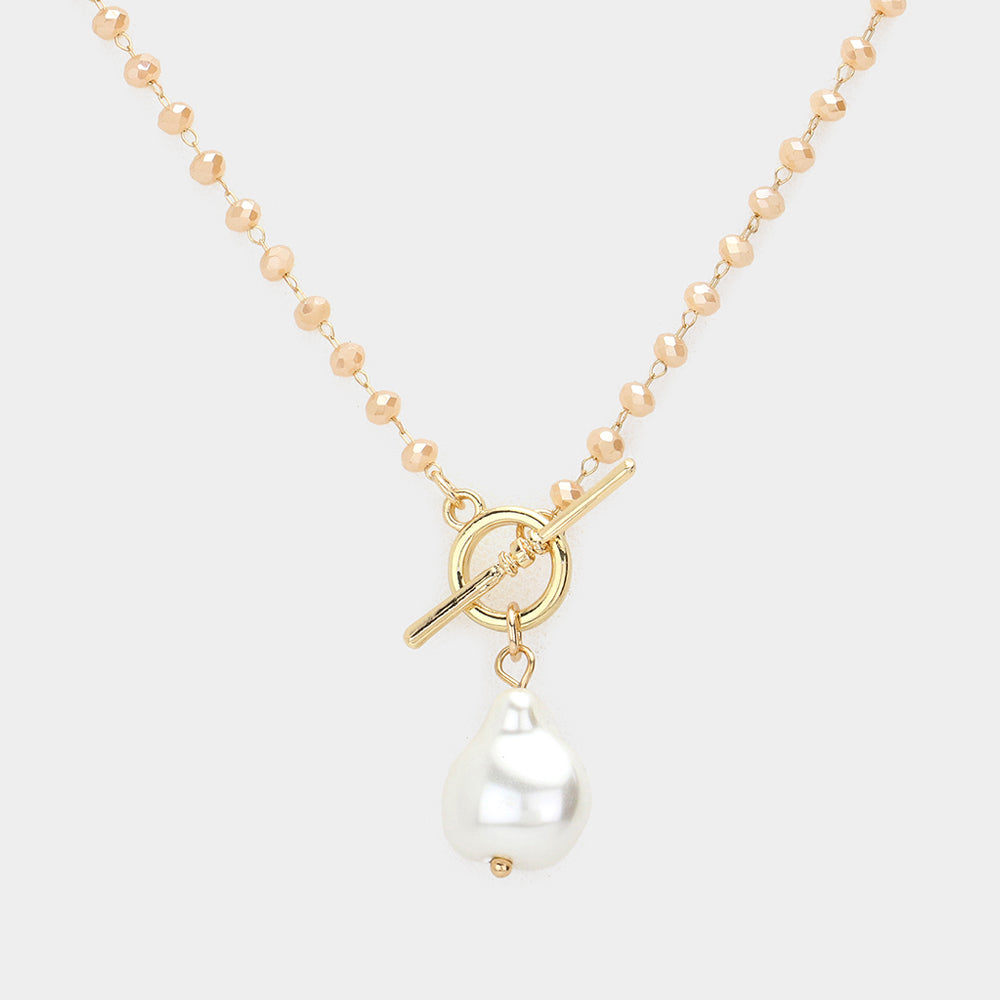 Pearl Pendant Faceted Beaded Toggle Necklace (Gold, Cream)