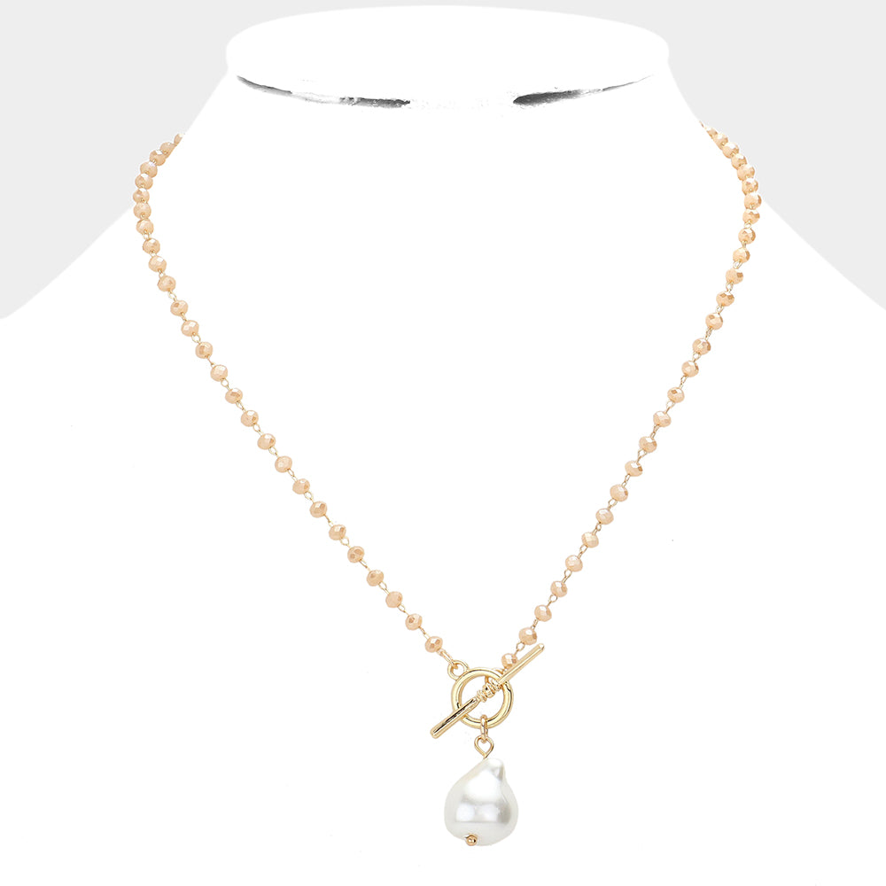 Pearl Pendant Faceted Beaded Toggle Necklace (Gold, Cream)