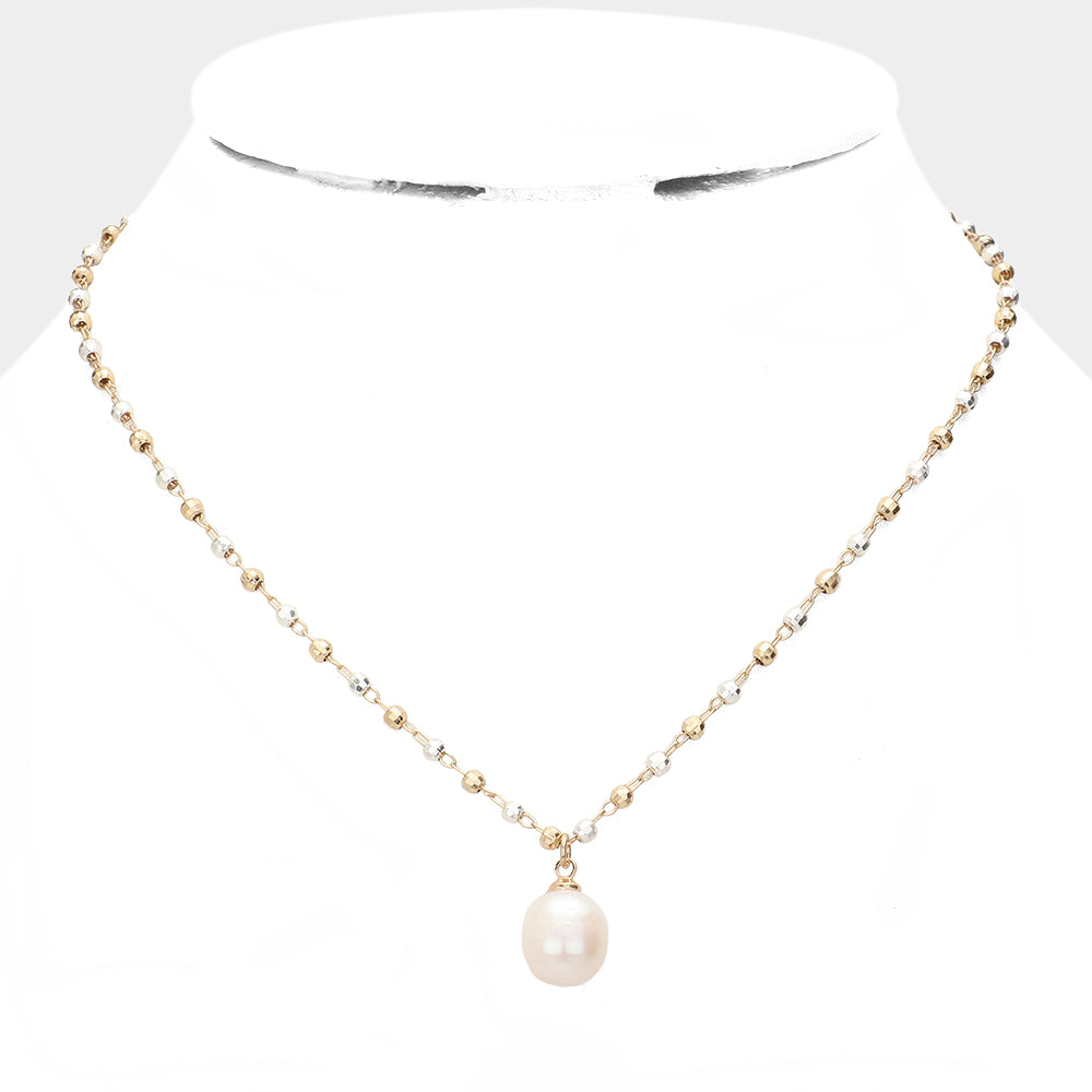 Pearl Pendant Metal Bead Necklace (Silver , Gold, Cream)