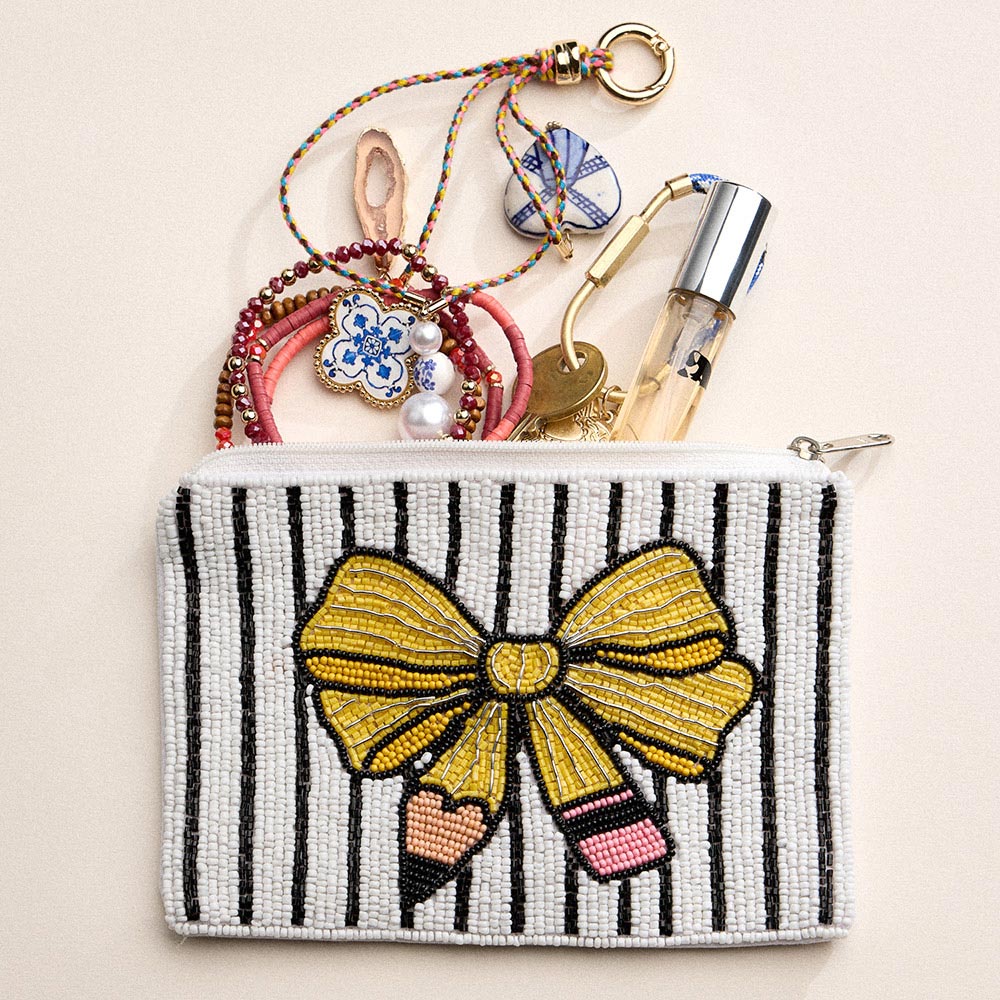 Pencil Bow Striped Seed Beaded Pouch Bag Coin Purse