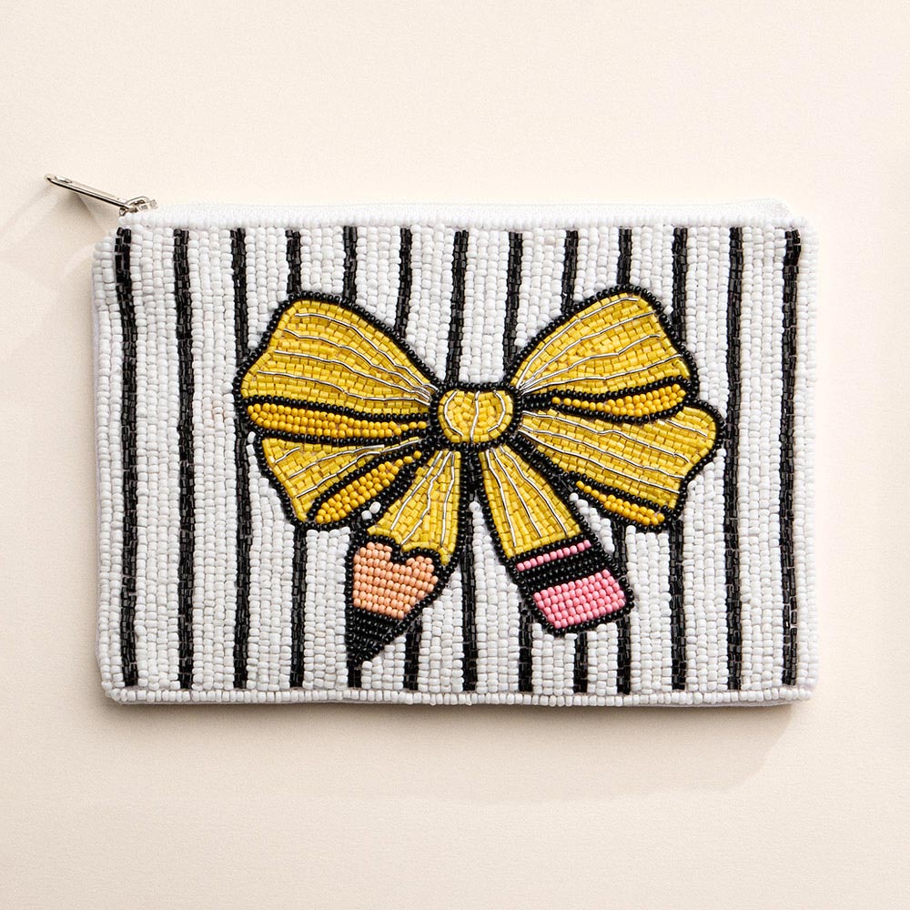 Pencil Bow Striped Seed Beaded Pouch Bag Coin Purse
