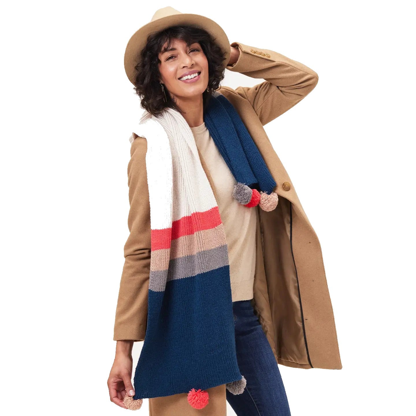 Piccadilly Navy Blue, Cream and Pink Stripe Scarf with Pom Poms