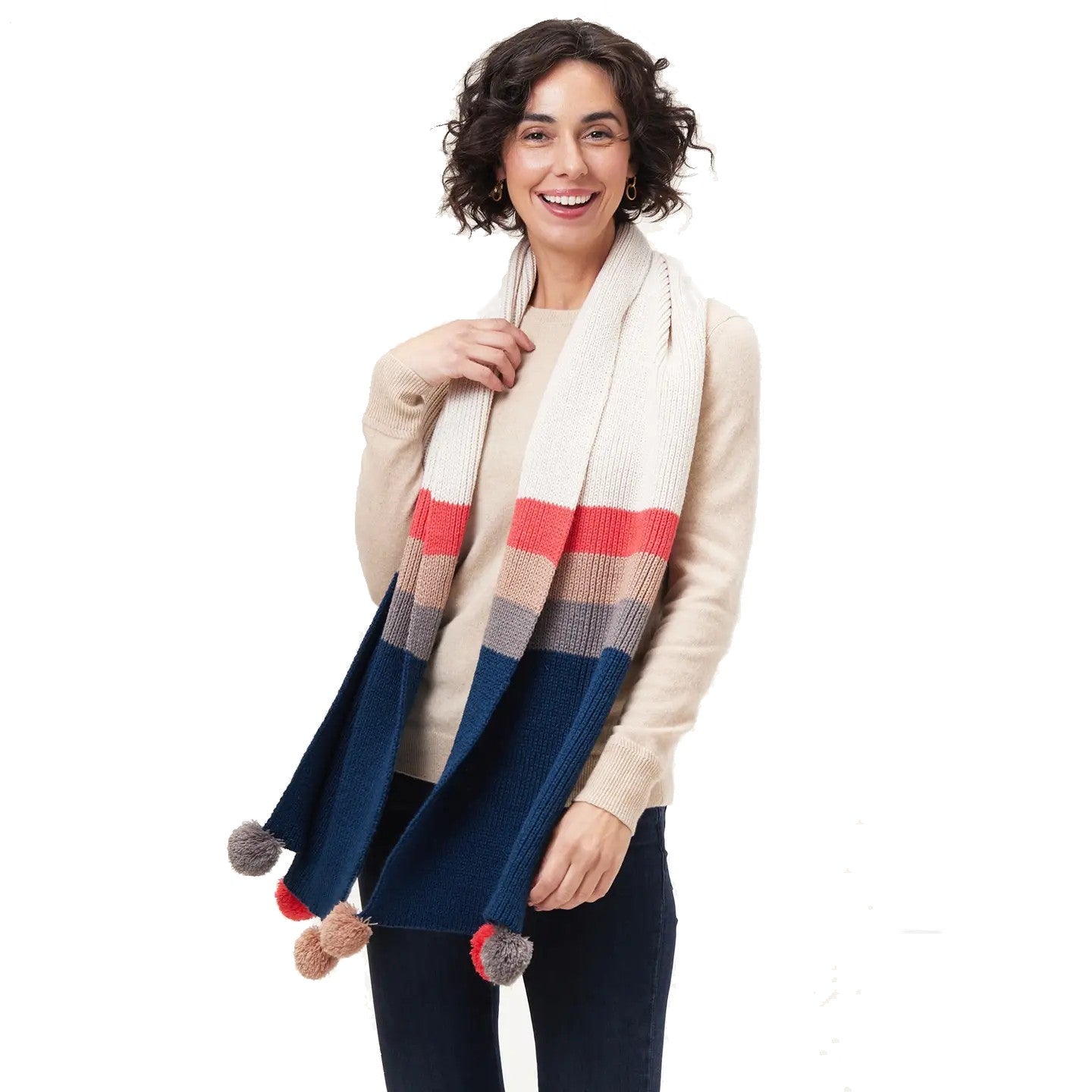 Piccadilly Navy Blue, Cream and Pink Stripe Scarf with Pom Poms