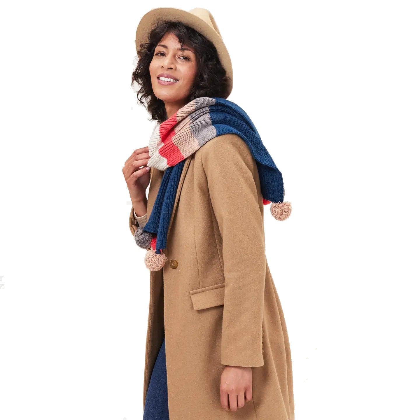 Piccadilly Navy Blue, Cream and Pink Stripe Scarf with Pom Poms