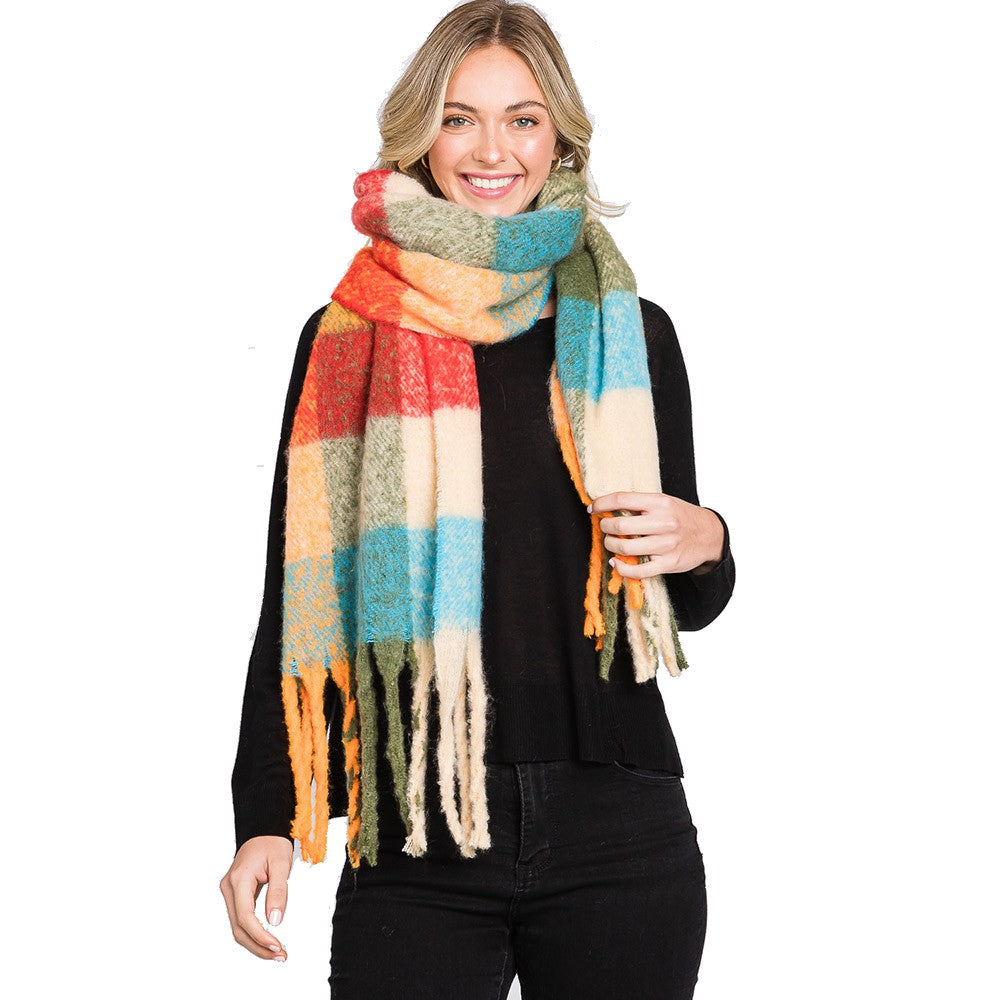 Colorful Plaid Check Fringe Oblong Scarf (Olive Green, Orange)