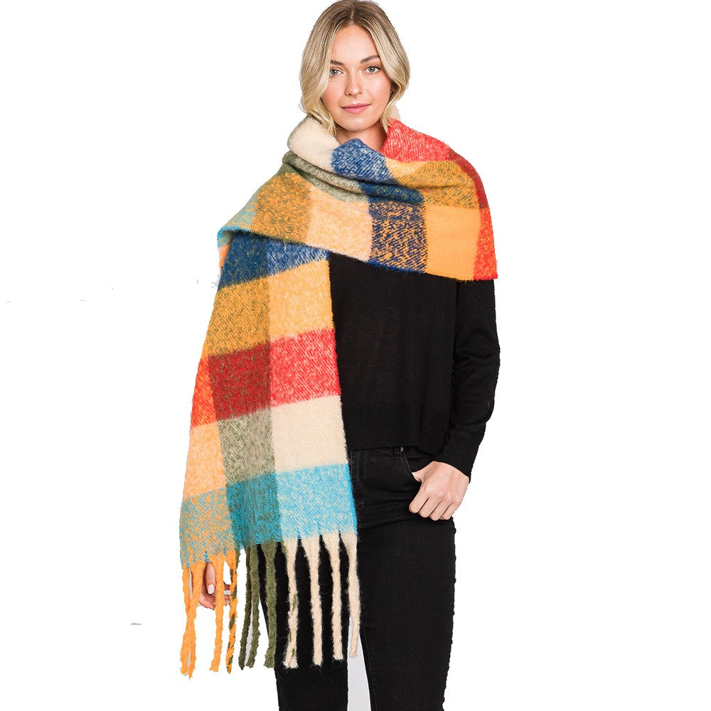 Colorful Plaid Check Fringe Oblong Scarf (Olive Green, Orange)