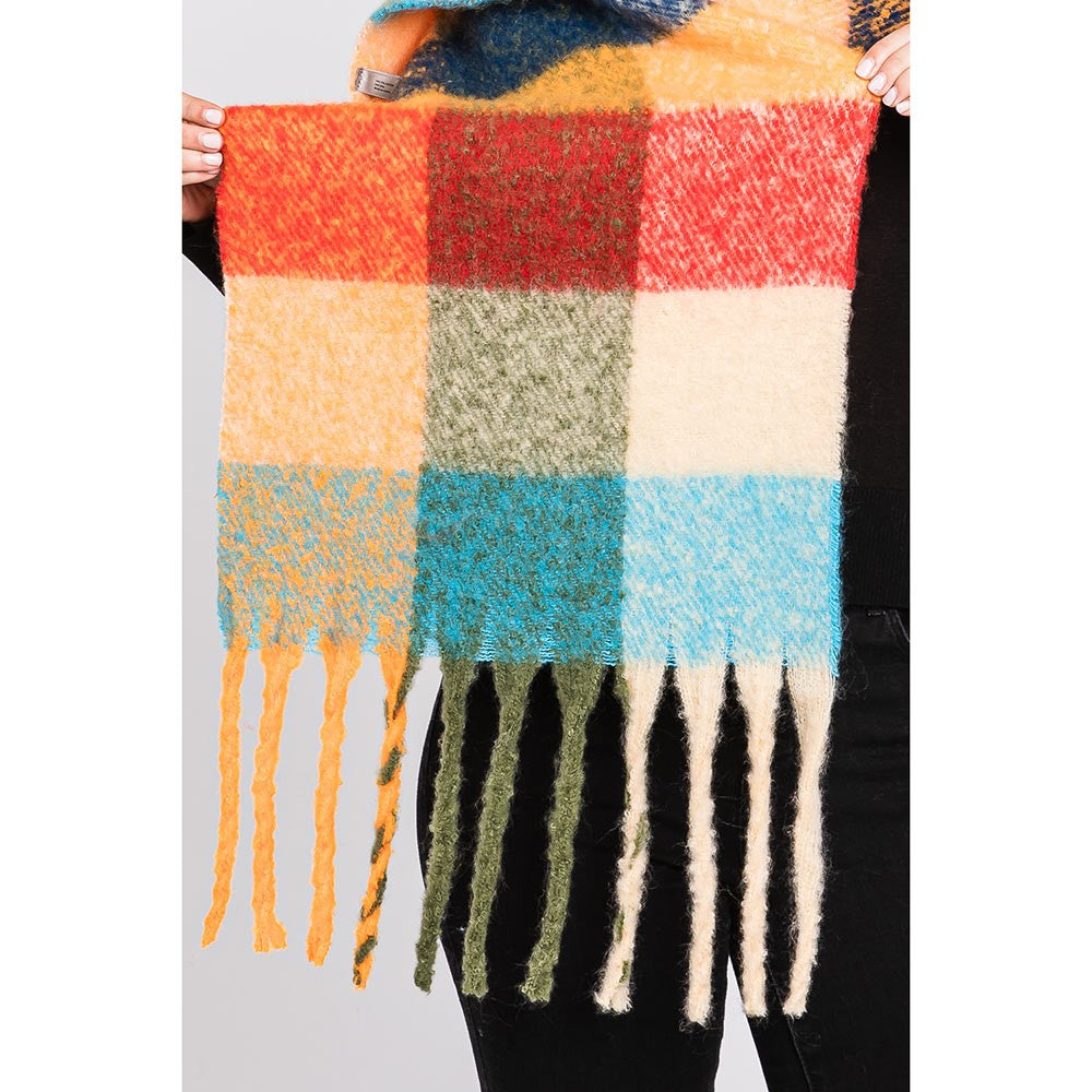 Colorful Plaid Check Fringe Oblong Scarf (Olive Green, Orange)