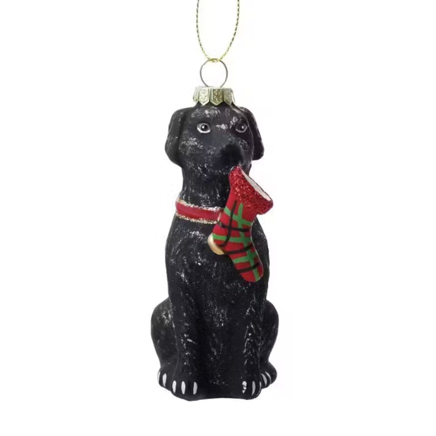 Glass Black Labrador with Plaid Stocking Christmas Tree Ornament