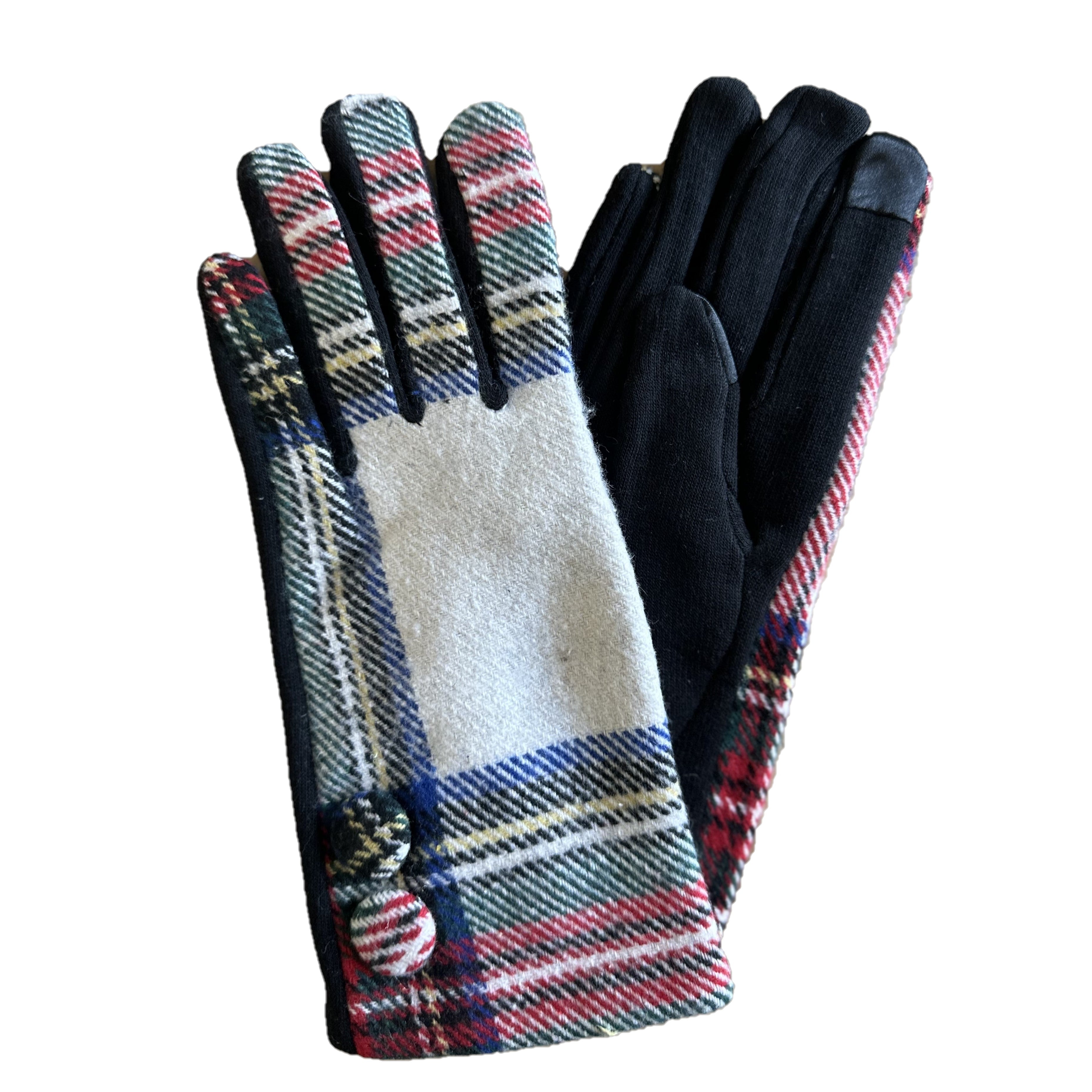 Tartan Plaid Button Smart Touch Winter Gloves (White)