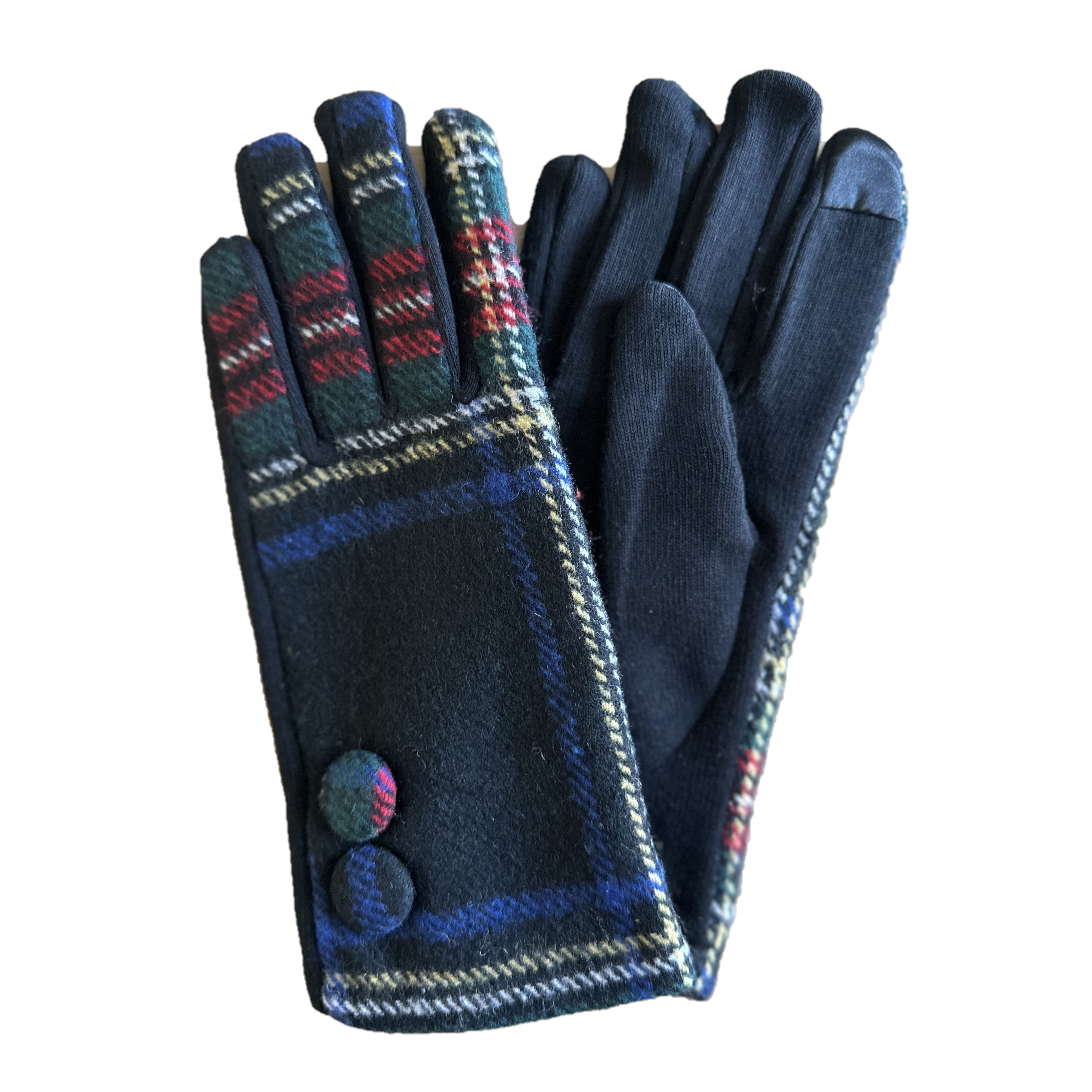 Tartan Plaid Button Smart Touch Winter Gloves (Black)