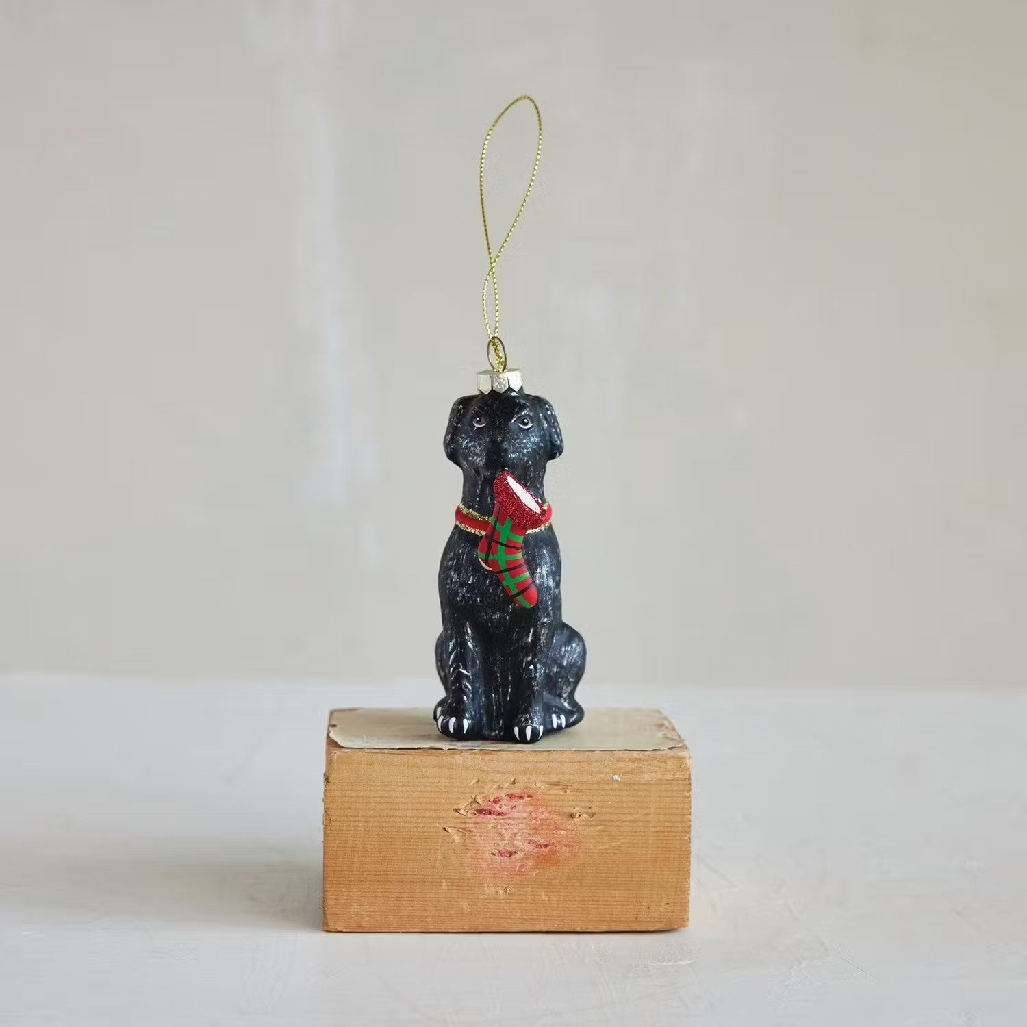 Glass Black Labrador with Plaid Stocking Christmas Tree Ornament