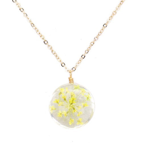 Pressed Flower Lucite Pendant Necklace (Yellow Round)