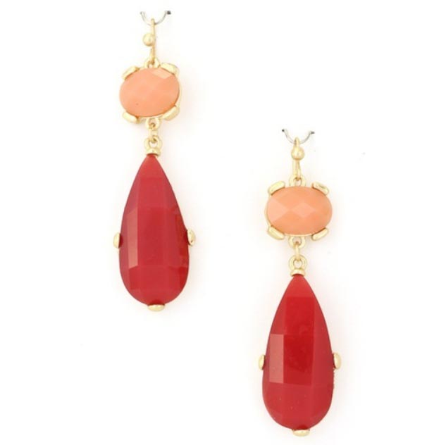 Peach Round and Red Teardrop Dangle Earrings