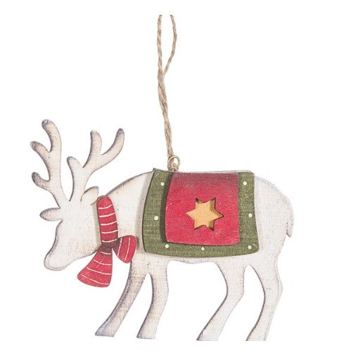 White Wooden Reindeer Christmas Tree Ornament (Head Down, Red Scarf)