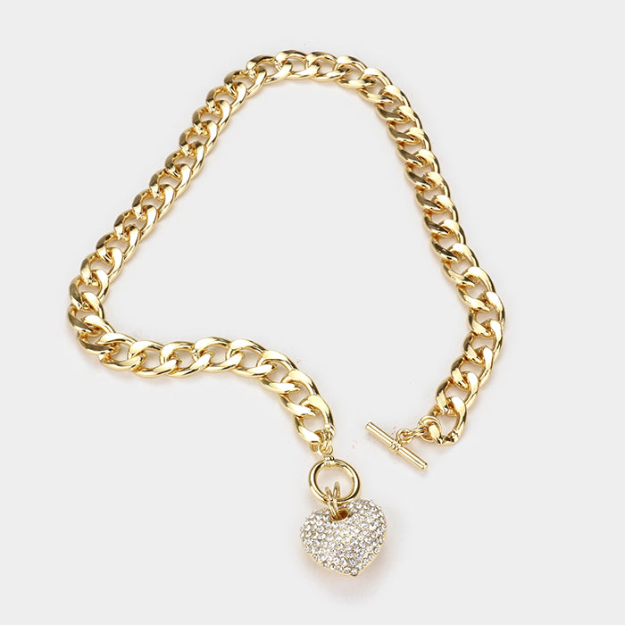 Rhinestone Pave Heart Pendant Toggle Gold Tone Necklace
