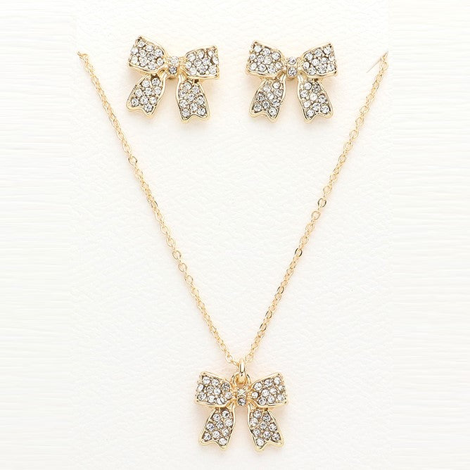 Rhinestone Bow Pendant Necklace and Earring Set