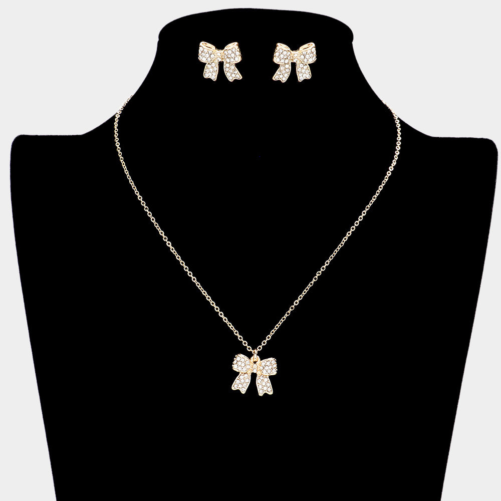 Rhinestone Bow Pendant Necklace and Earring Set