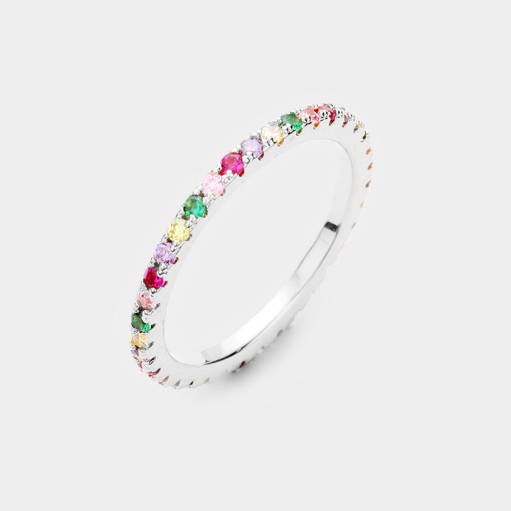 Rhodium Plated Colorful Rainbow CZ Ring - sz 6