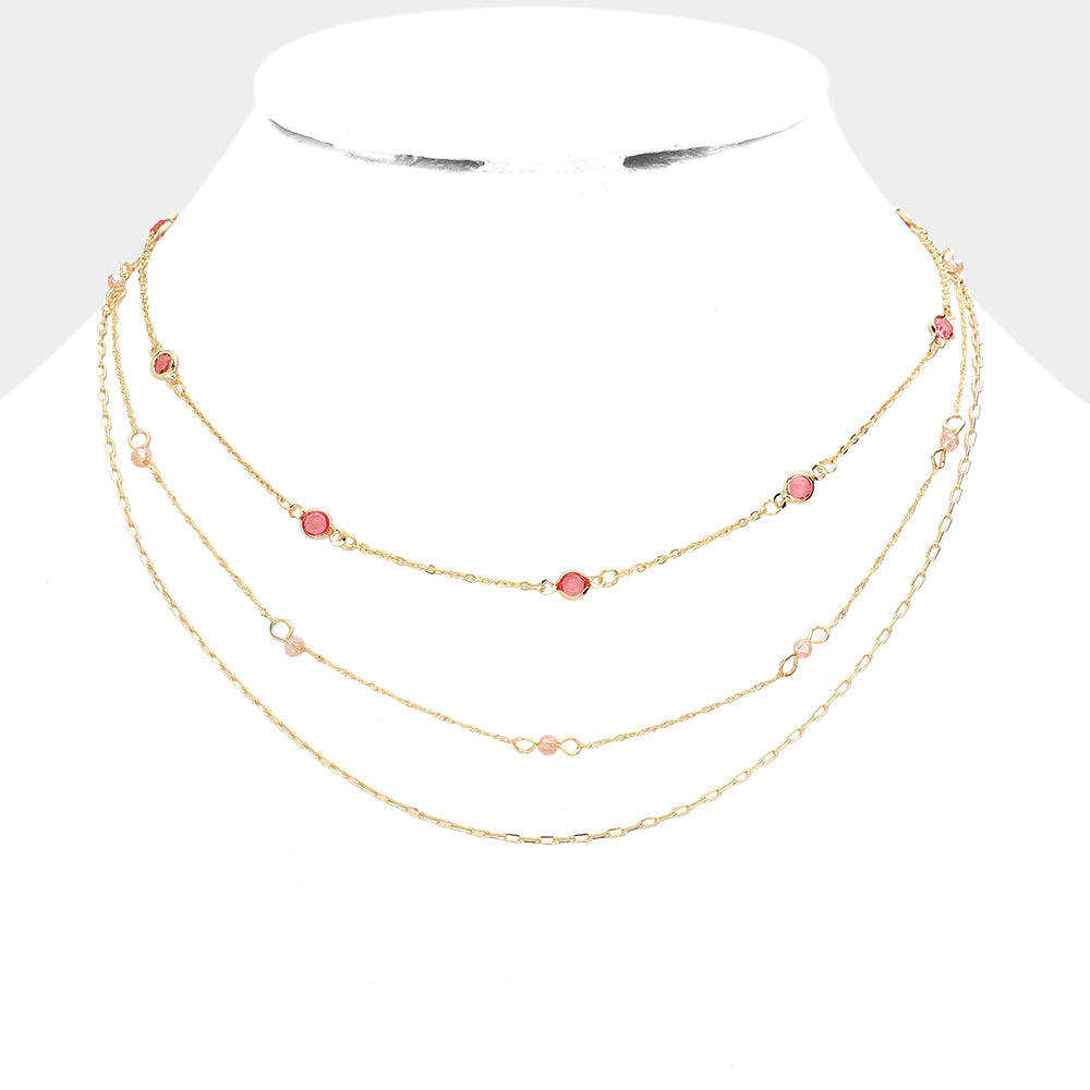 Pink Bead Station Triple Layered Bib Necklace