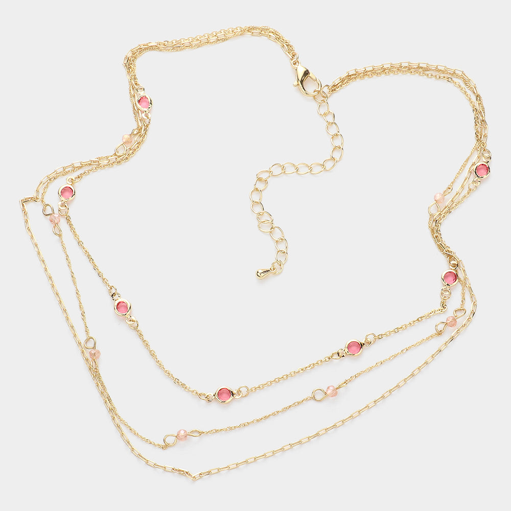 Pink Bead Station Triple Layered Bib Necklace