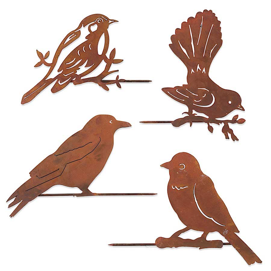 Rusty Metal Bird Tree Plant Garden Fence Stakes, Set of 4