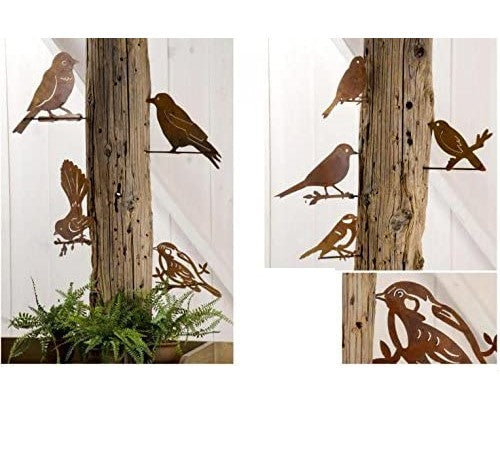Rusty Metal Bird Tree Plant Garden Fence Stakes, Set of 4