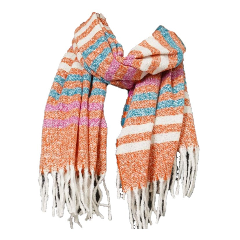 Striped Fringe Scarf (Orange Rust, Ivory, Teal)