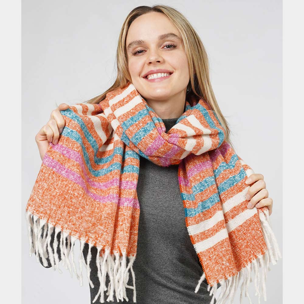 Striped Fringe Scarf (Orange Rust, Ivory, Teal)