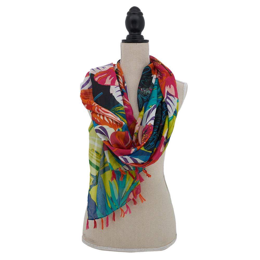 Tropical Leaf Floral Scarf Shawl with Tassels