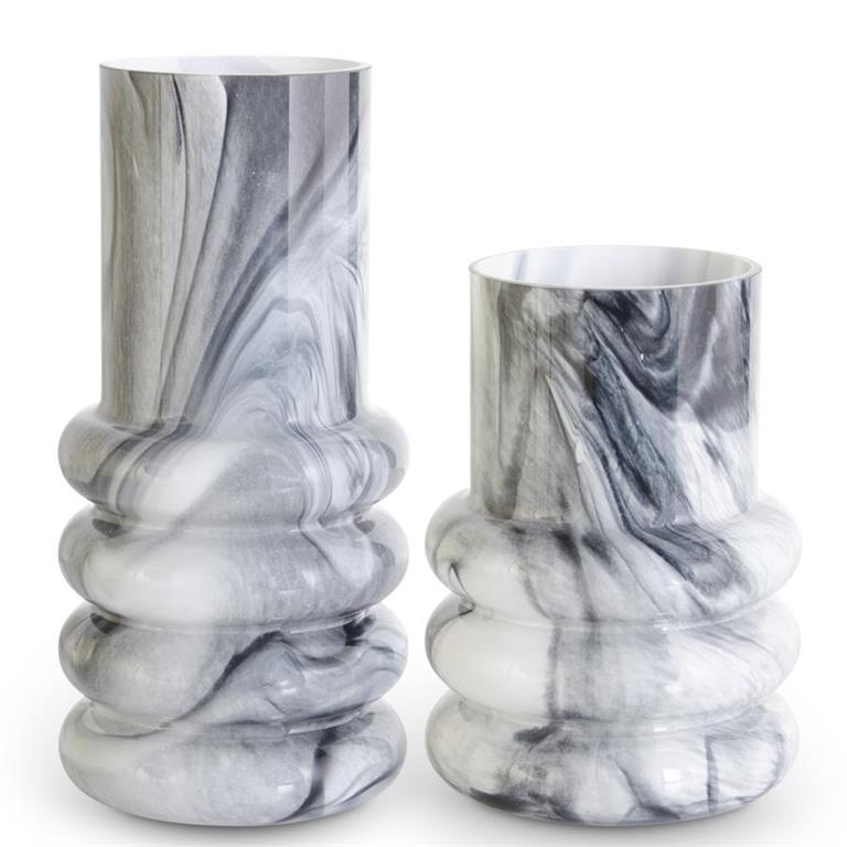 Glass White & Smokey Black Marbled Ribbed Glass Vases (Set of 2)