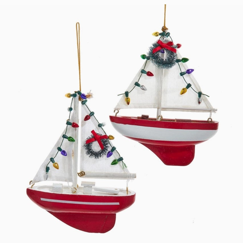 Wooden Red Sailboat with Wreath & Lights Christmas Tree Ornament (Set of 2)