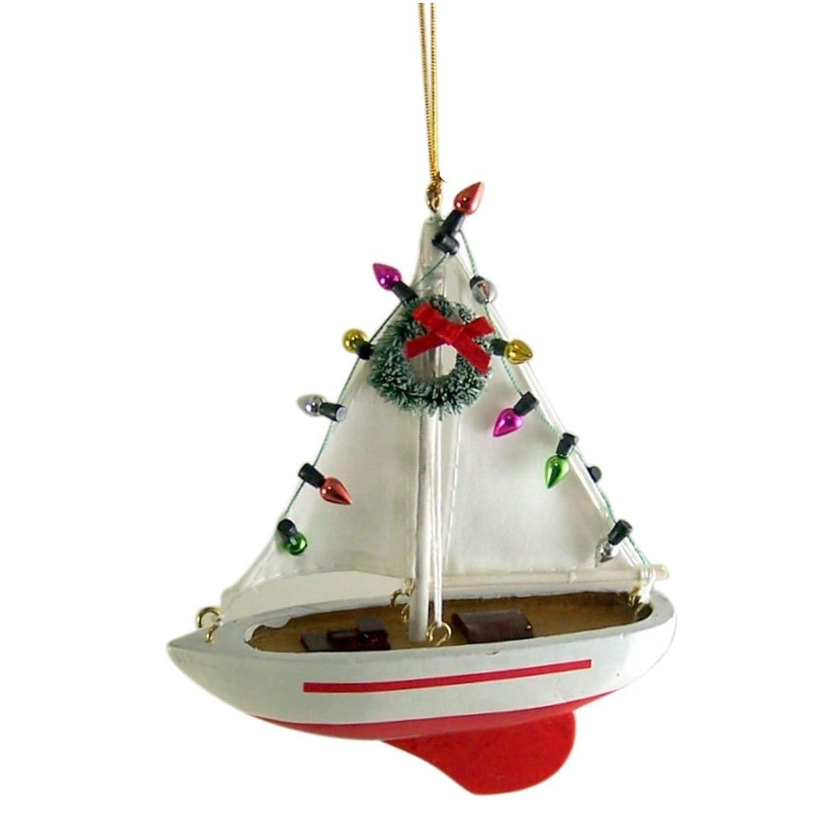 Wooden Red Sailboat with Wreath & Lights Christmas Tree Ornament (Set of 2)